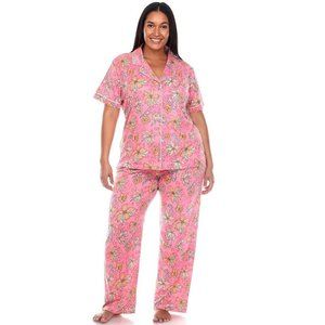 Women's Plus Size Short Sleeve & Pants Tropical Pajama Set Pink/Orange 3681